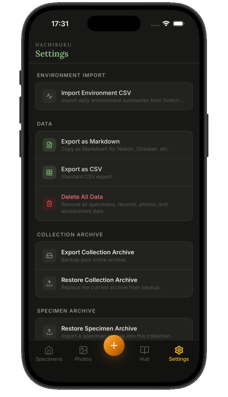 Settings — Export and backup, no account required — HACHIROKU Archive
